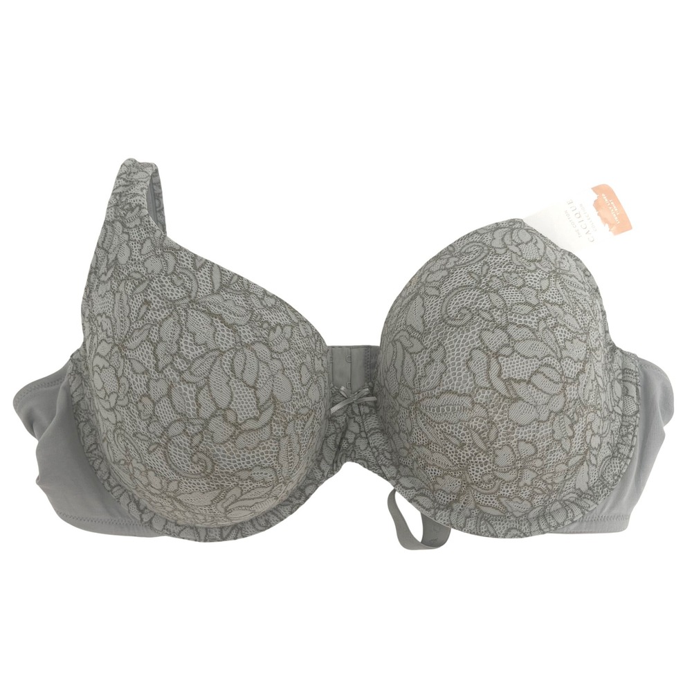 Cacique Gray Floral Lace Plus Size Bra 42D Padded T Shirt Fabric Underwire NWT